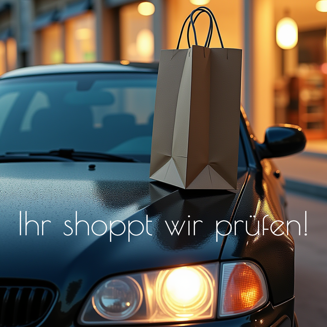 Ihr Shoppt, wir prüfen! Braune Einkaufstasche auf dem Dach eines Autos, mit einem Slogan im Vordergrund.